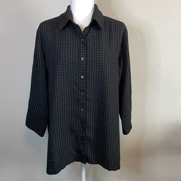 Vintage Chicos Black White Windowpane 3/4 Sleeve Button Front Shirt Size 2 Large - Picture 1 of 5